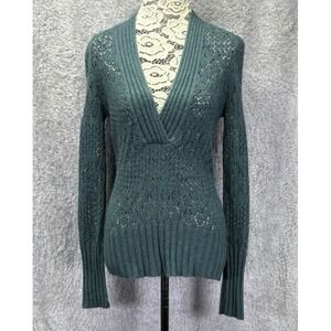 Axcess Womens Small Long Sweater Green V Neck Y2K‎ Ribbed Open Knit Sheer